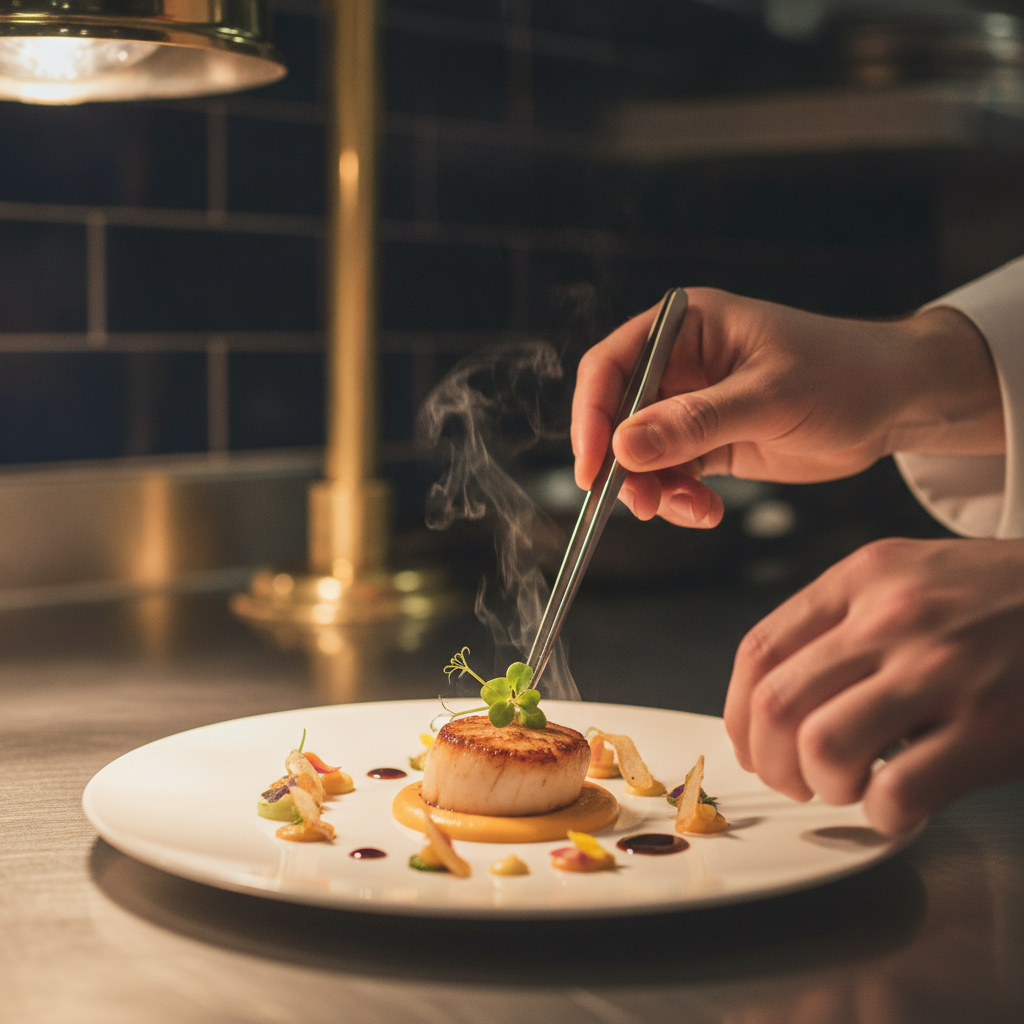 Chef plating a dish to standard
