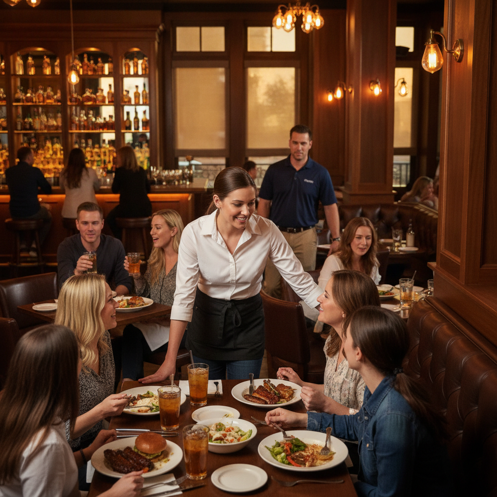 A server working a packed Saturday-night dining room